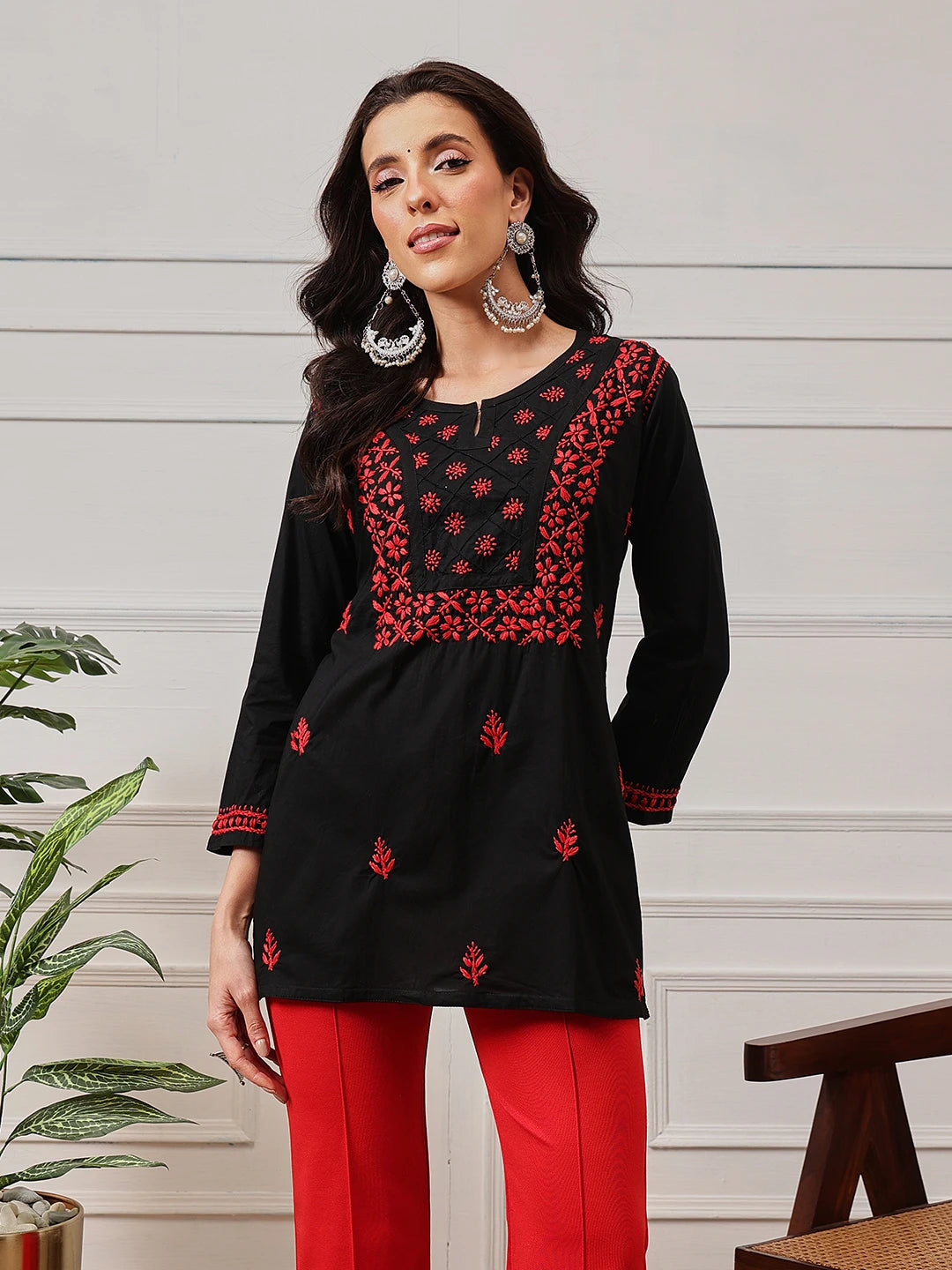 Ada Hand Embroidered Black Cotton Lucknowi Chikankari Straight Kurti A100389