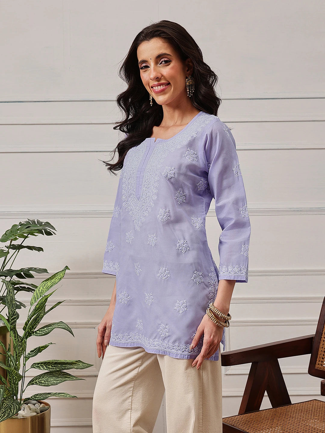 Ada Hand Embroidered Mauve Cotton Lucknowi Chikankari Short Kurti A911336