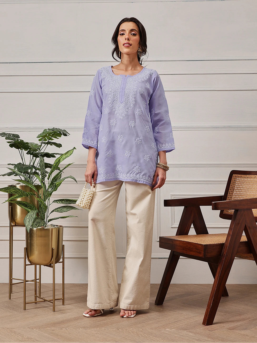 Ada Hand Embroidered Mauve Cotton Lucknowi Chikankari Short Kurti A911336
