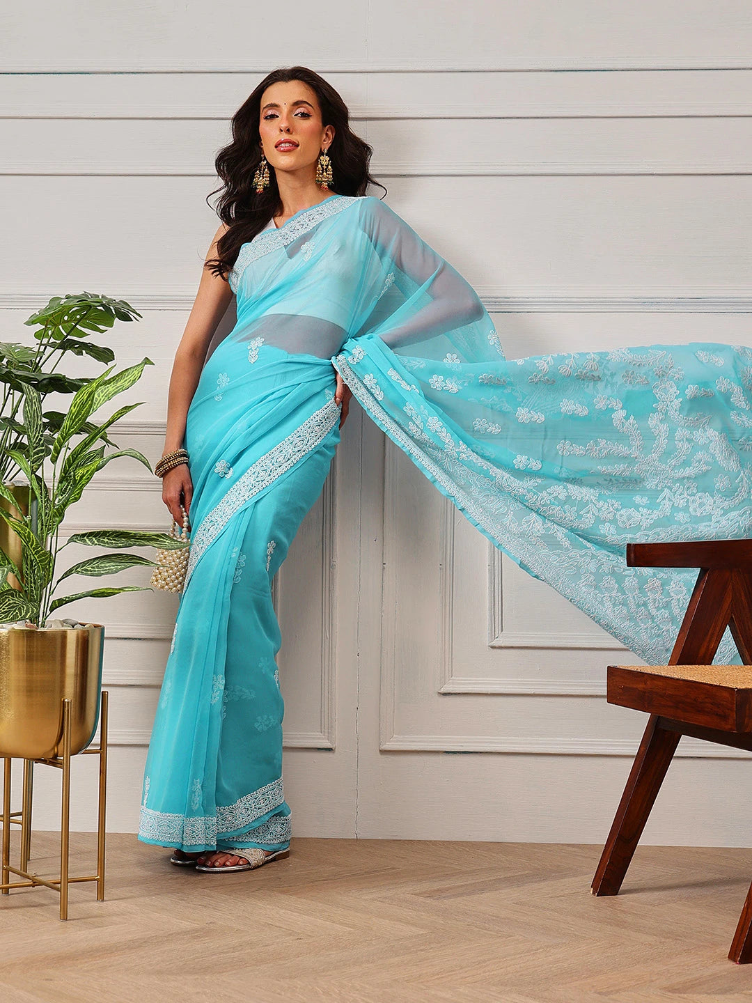 Ada Hand Embroidered Blue Georgette Lucknowi Chikankari Saree With Blouse A130227