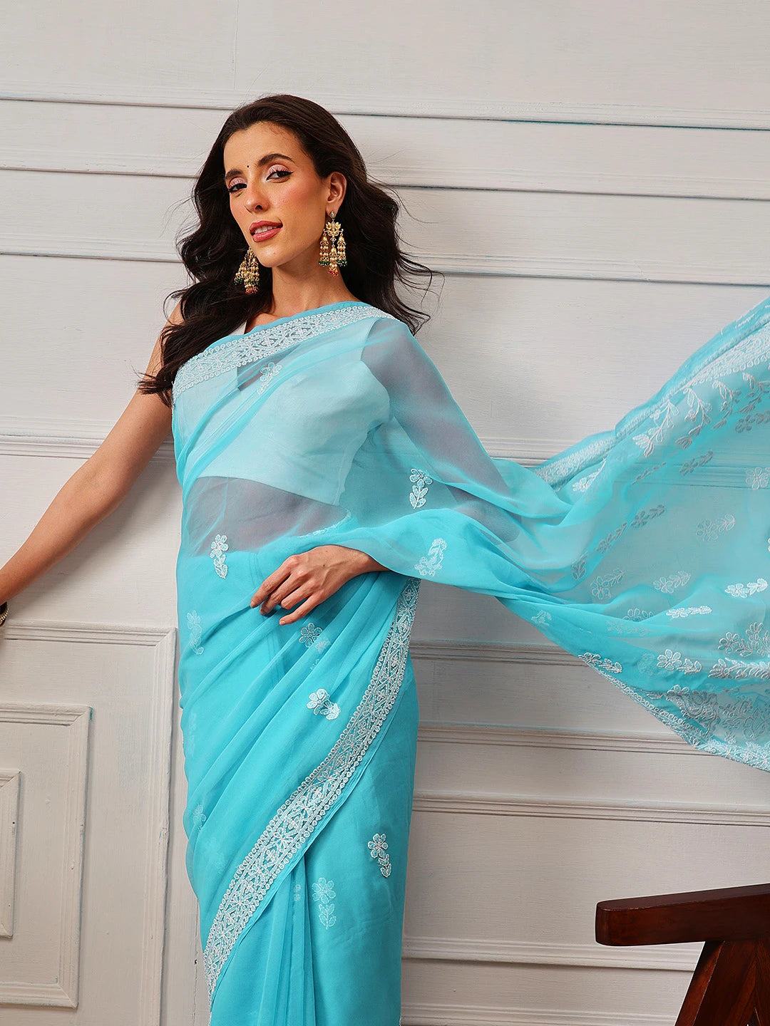 Ada Hand Embroidered Blue Georgette Lucknowi Chikankari Saree With Blouse A130227