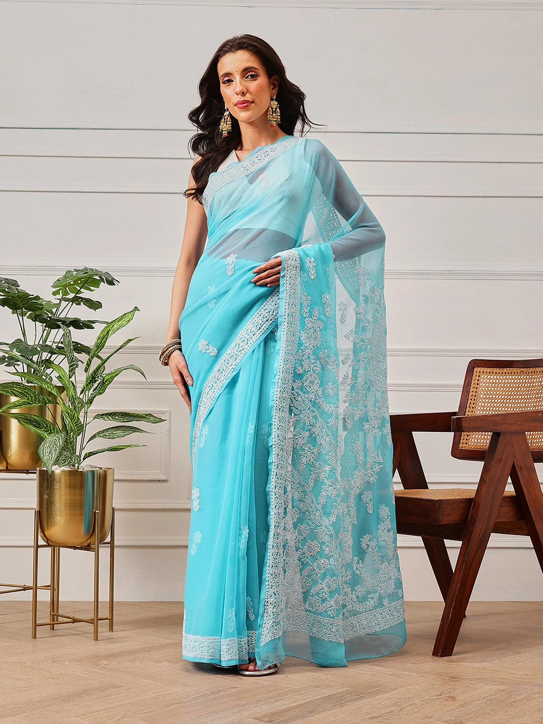 Ada Hand Embroidered Blue Georgette Lucknowi Chikankari Saree With Blouse A130227