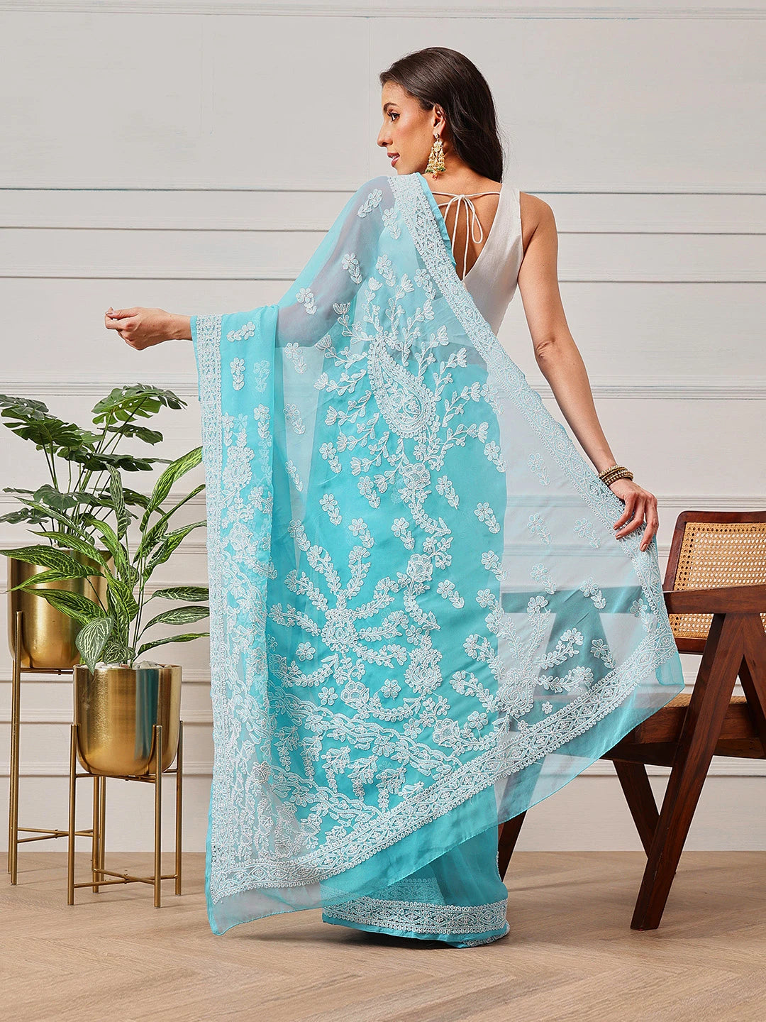 Ada Hand Embroidered Blue Georgette Lucknowi Chikankari Saree With Blouse A130227