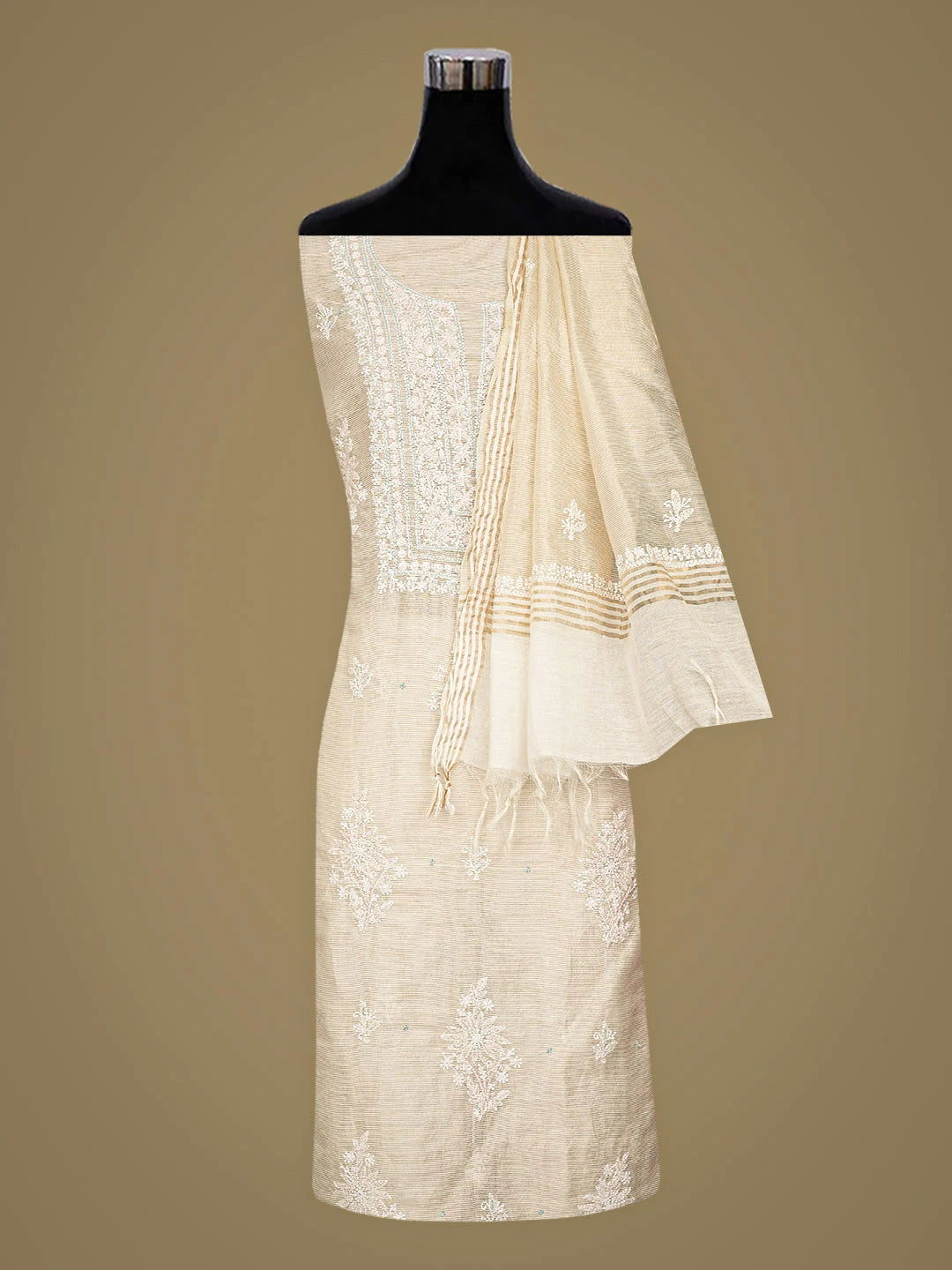 Ada Hand Embroidered Fawn Tissue Lucknowi Chikankari Unstitched Kurta Dupatta Set With Cutdana Work 01A888874