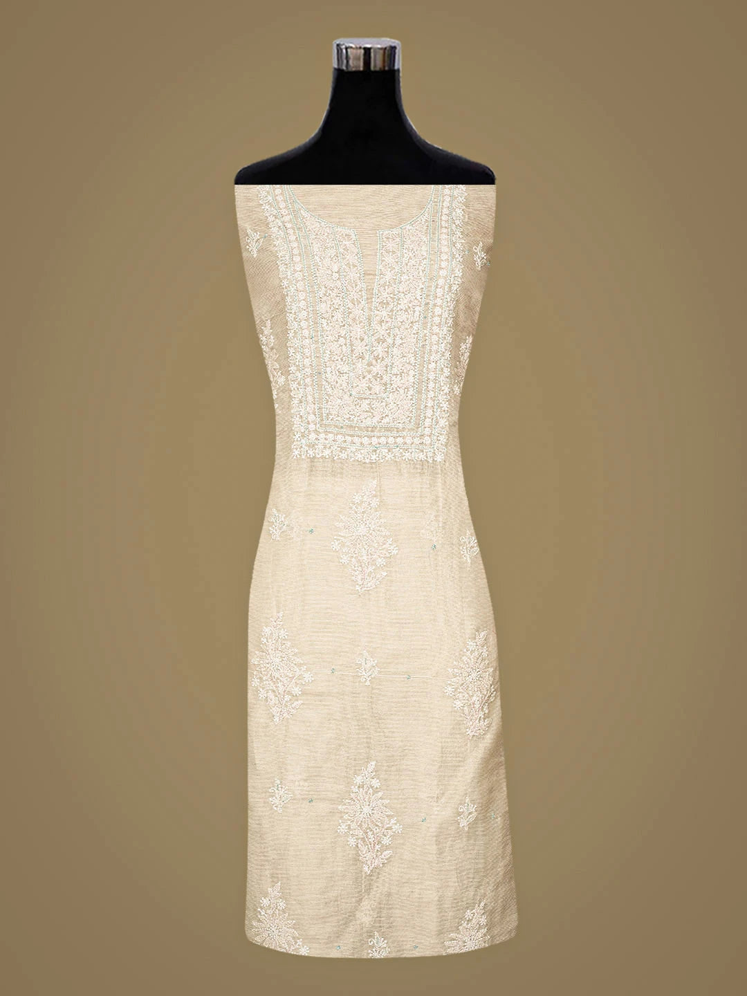 Ada Hand Embroidered Fawn Tissue Lucknowi Chikankari Unstitched Kurta Dupatta Set With Cutdana Work 01A888874