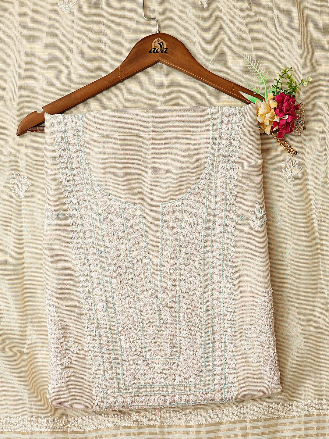 Ada Hand Embroidered Fawn Tissue Lucknowi Chikankari Unstitched Kurta Dupatta Set With Cutdana Work 01A888874