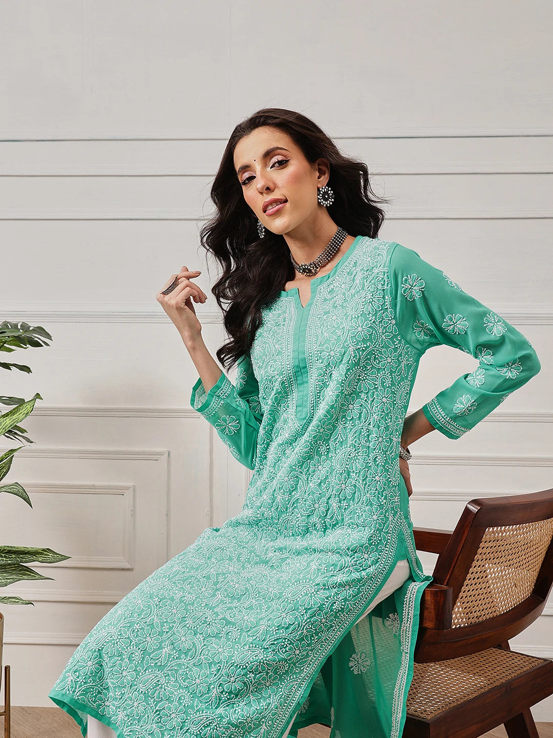 Ada Hand Embroidered Sea Green Georgette Lucknowi Chikankari Straight Kurta A95546