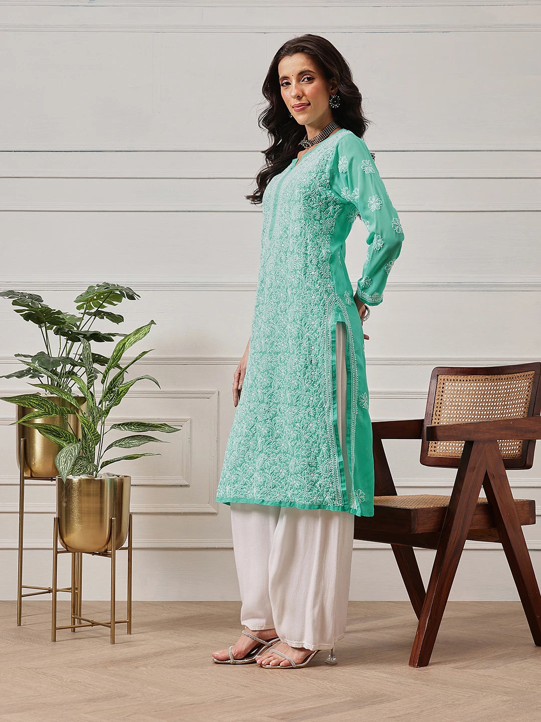 Ada Hand Embroidered Sea Green Georgette Lucknowi Chikankari Straight Kurta A95546