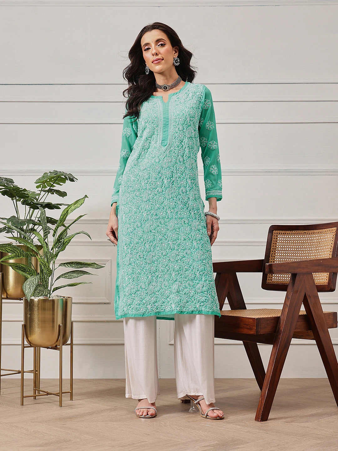 Ada Hand Embroidered Sea Green Georgette Lucknowi Chikankari Straight Kurta A95546