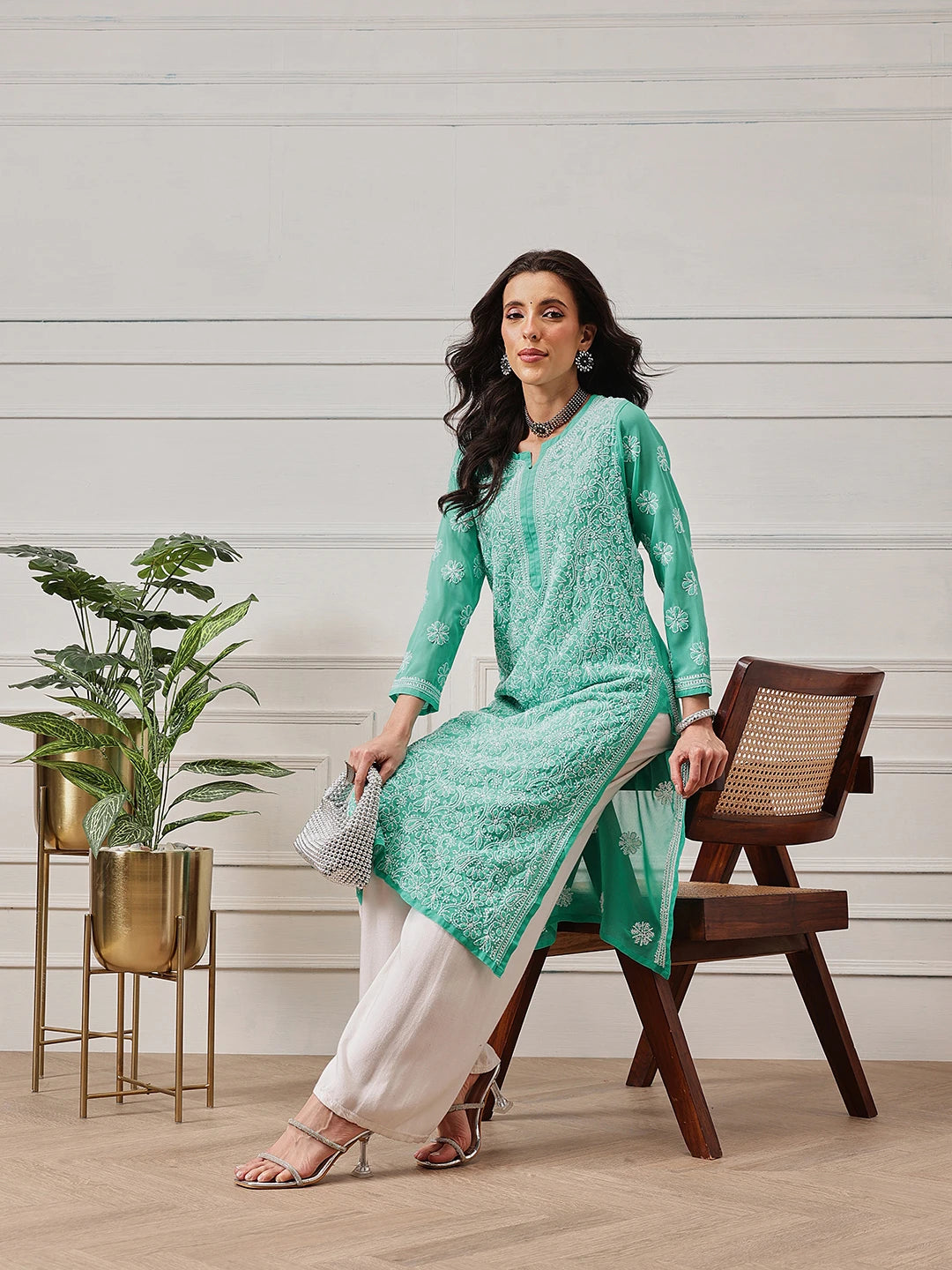 Ada Hand Embroidered Sea Green Georgette Lucknowi Chikankari Straight Kurta A95546