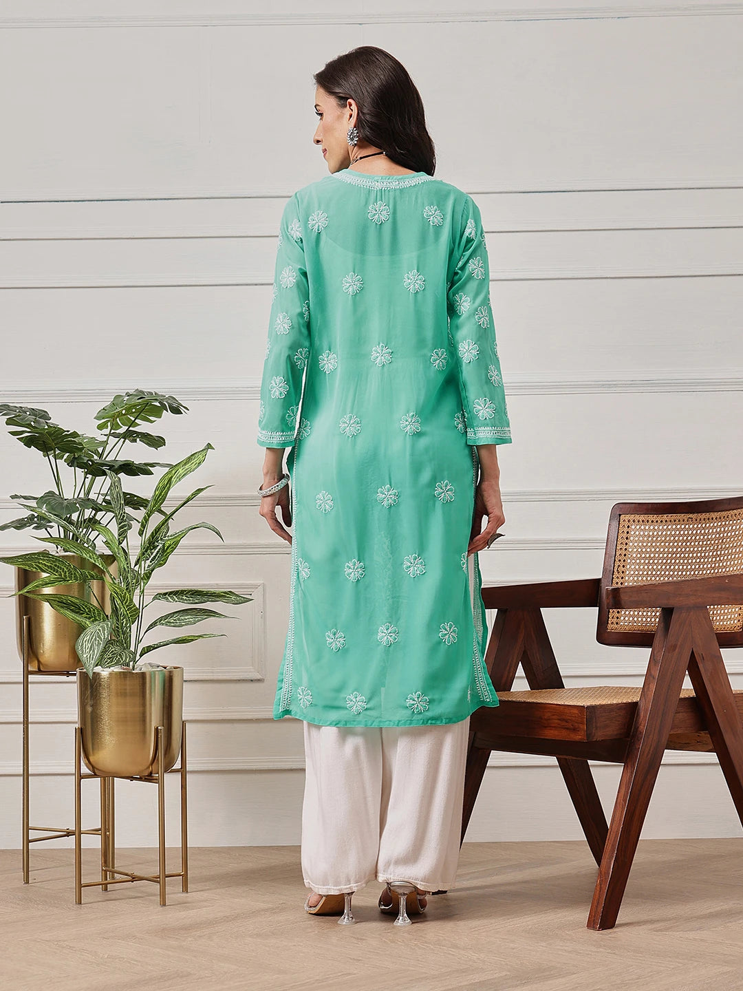 Ada Hand Embroidered Sea Green Georgette Lucknowi Chikankari Straight Kurta A95546