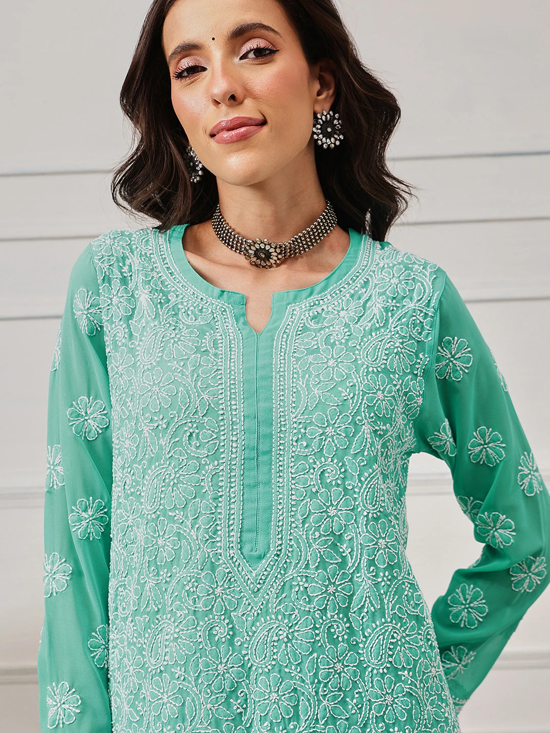 Ada Hand Embroidered Sea Green Georgette Lucknowi Chikankari Straight Kurta A95546