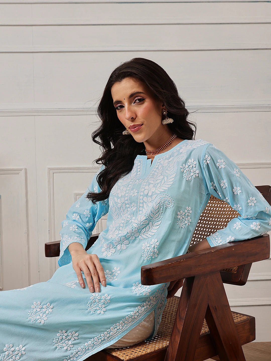 Ada Hand Embroidered Blue Cotton Lucknowi Chikankari Straight Kurta A411695