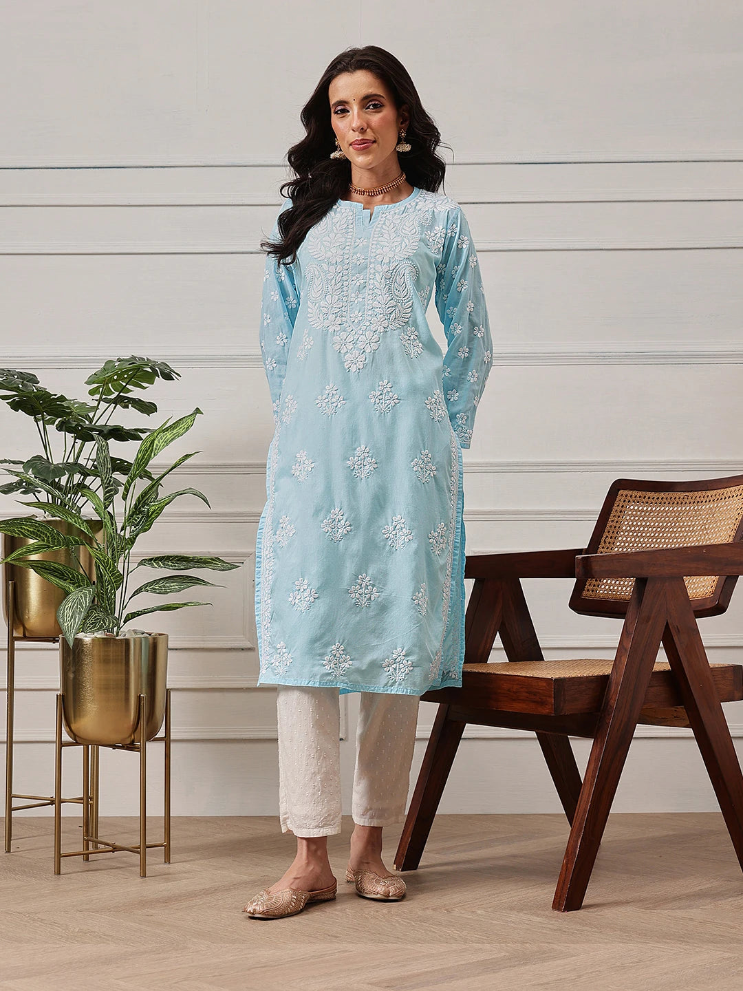Ada Hand Embroidered Blue Cotton Lucknowi Chikankari Straight Kurta A411695