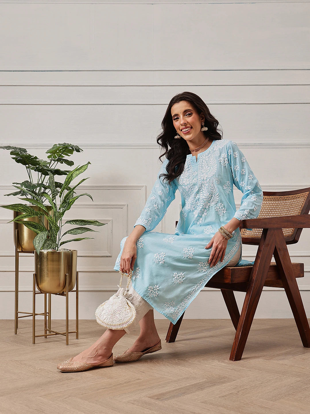 Ada Hand Embroidered Blue Cotton Lucknowi Chikankari Straight Kurta A411695