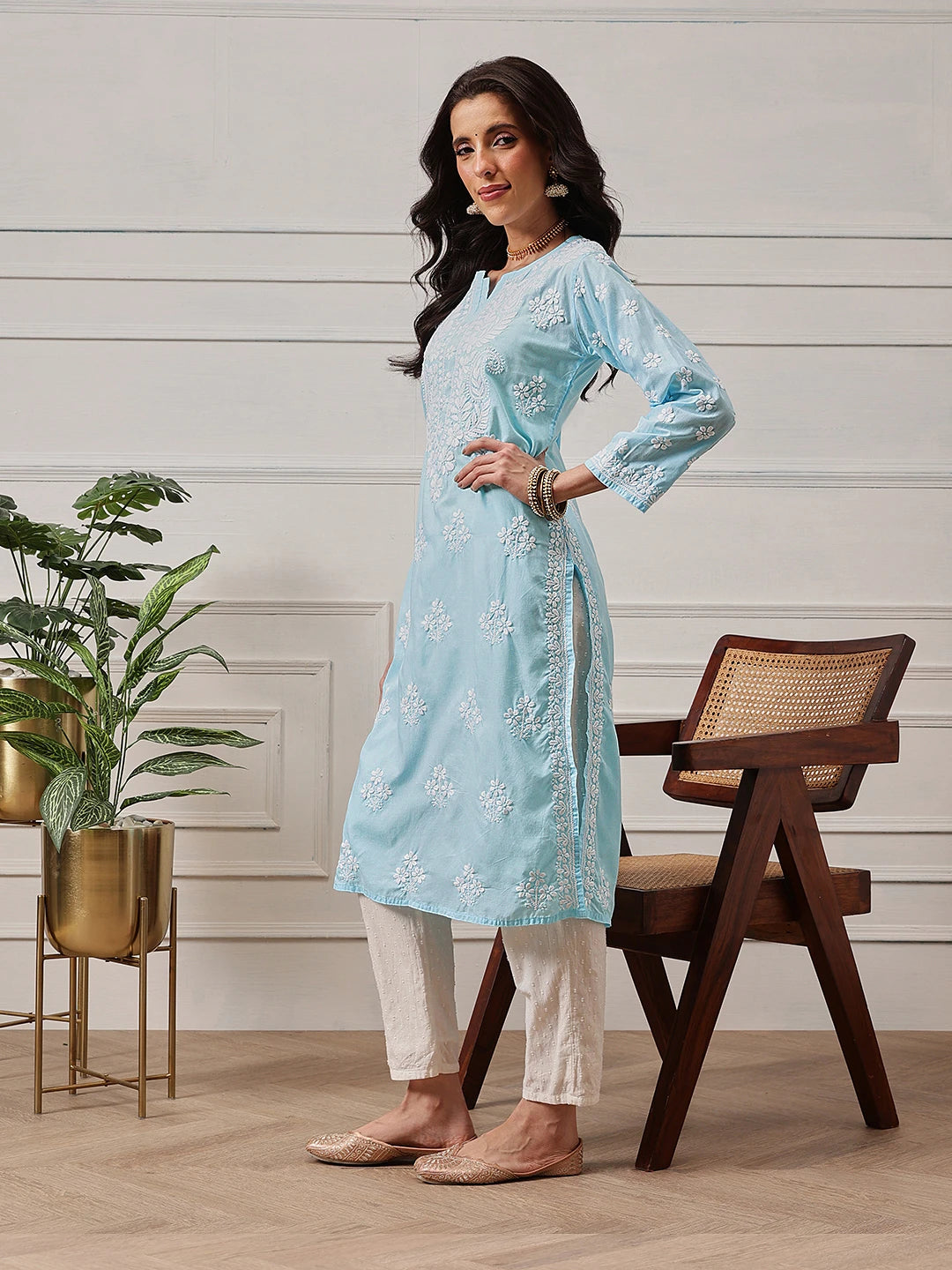 Ada Hand Embroidered Blue Cotton Lucknowi Chikankari Straight Kurta A411695