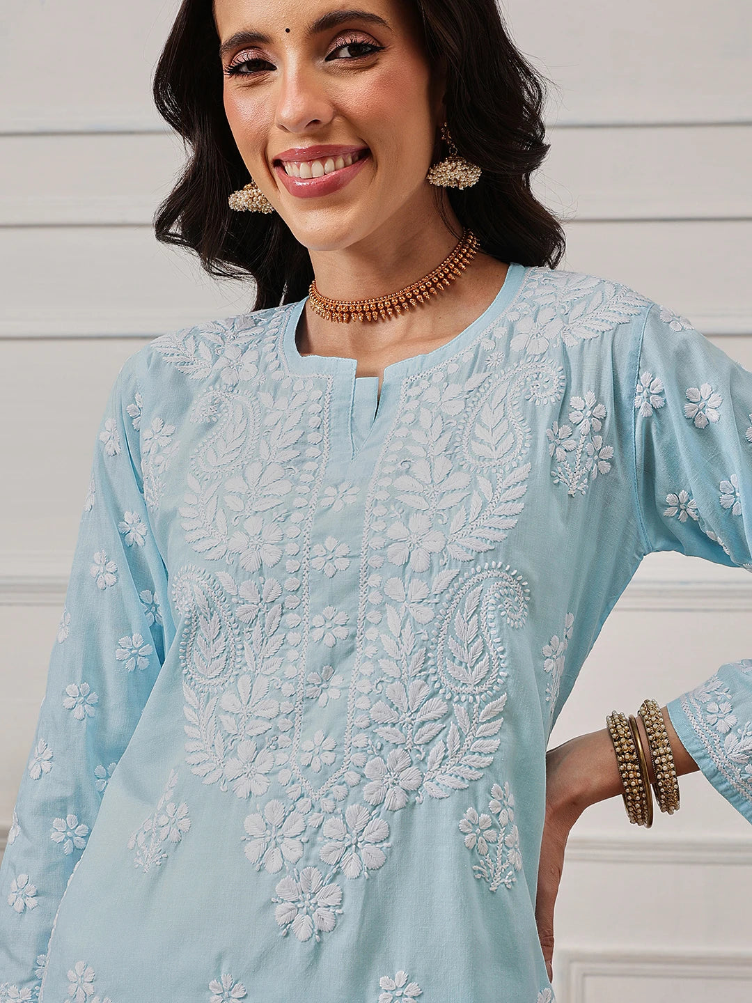 Ada Hand Embroidered Blue Cotton Lucknowi Chikankari Straight Kurta A411695