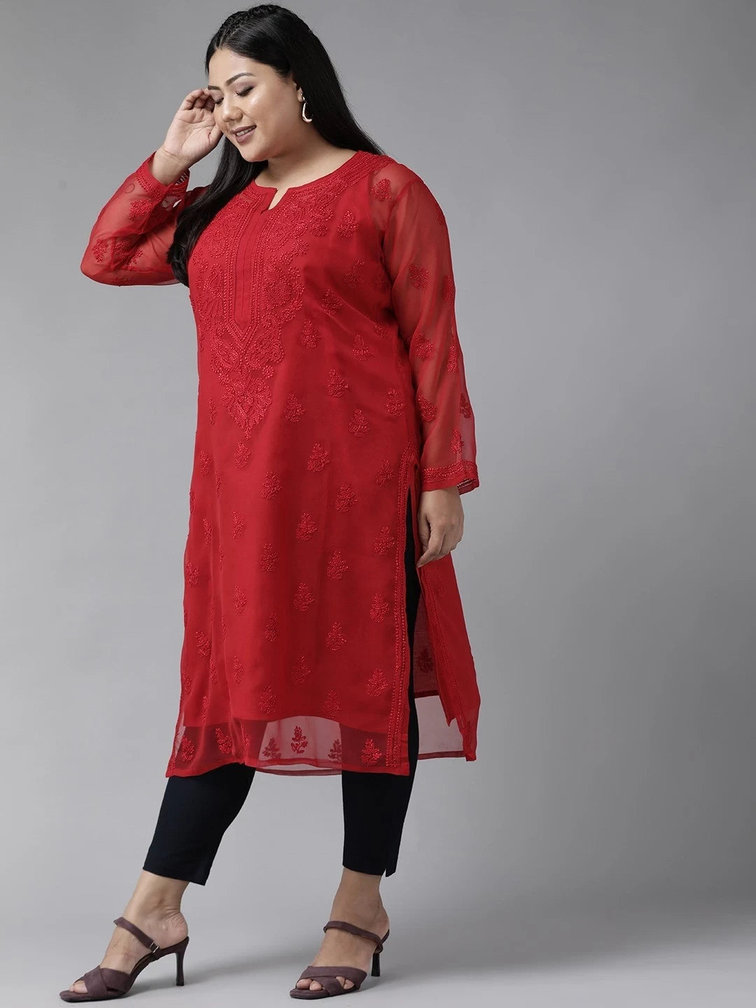 Ada Hand Embroidered Red Georgette Lucknowi Chikankari Straight Kurta With Slip A141508