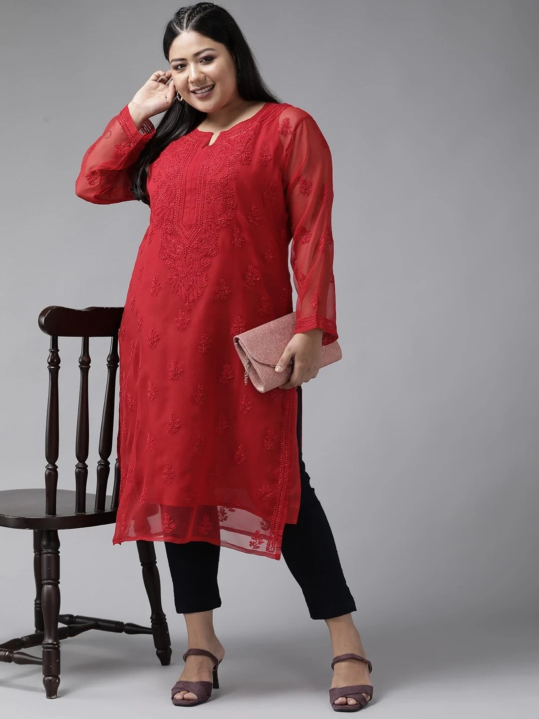 Ada Hand Embroidered Red Georgette Lucknowi Chikankari Straight Kurta With Slip A141508