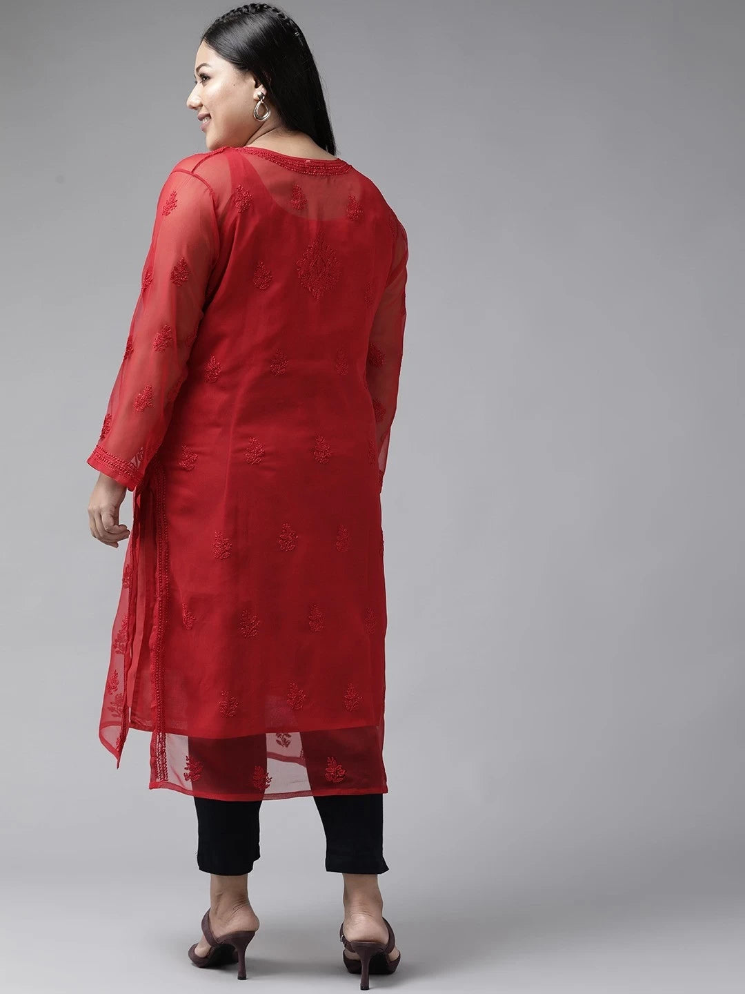 Ada Hand Embroidered Red Georgette Lucknowi Chikankari Straight Kurta With Slip A141508