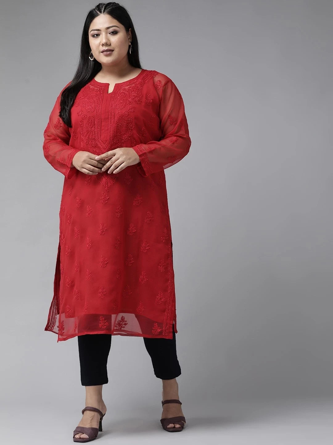 Ada Hand Embroidered Red Georgette Lucknowi Chikankari Straight Kurta With Slip A141508
