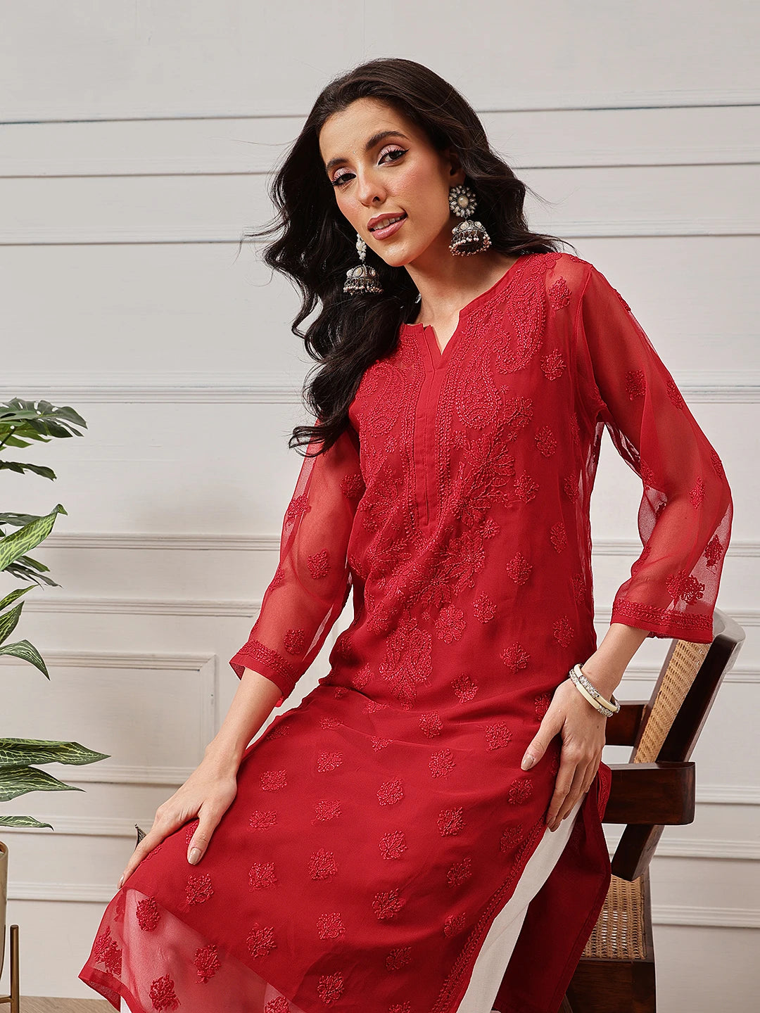 Ada Hand Embroidered Red Georgette Lucknowi Chikankari Straight Kurta With Slip A141508