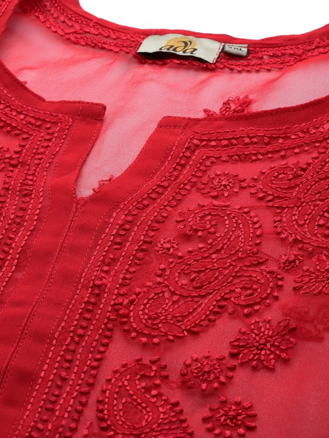 Ada Hand Embroidered Red Georgette Lucknowi Chikankari Straight Kurta With Slip A141508