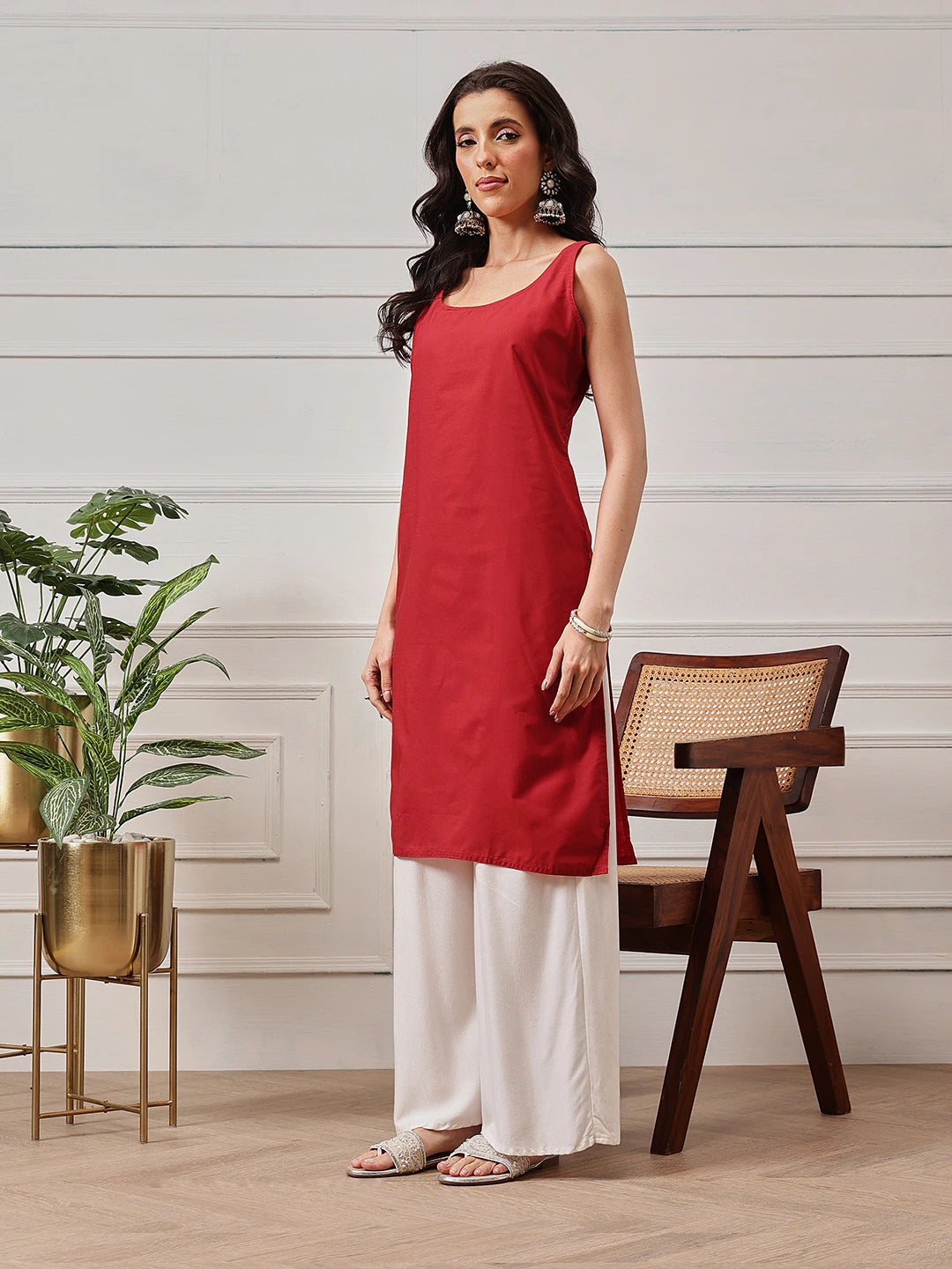 Ada Hand Embroidered Red Georgette Lucknowi Chikankari Straight Kurta With Slip A141508
