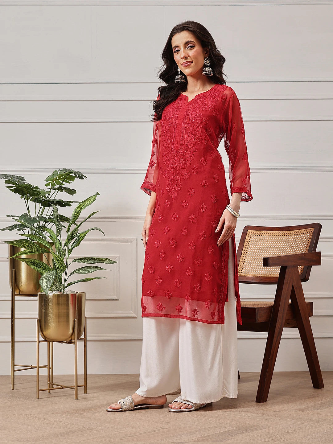 Ada Hand Embroidered Red Georgette Lucknowi Chikankari Straight Kurta With Slip A141508