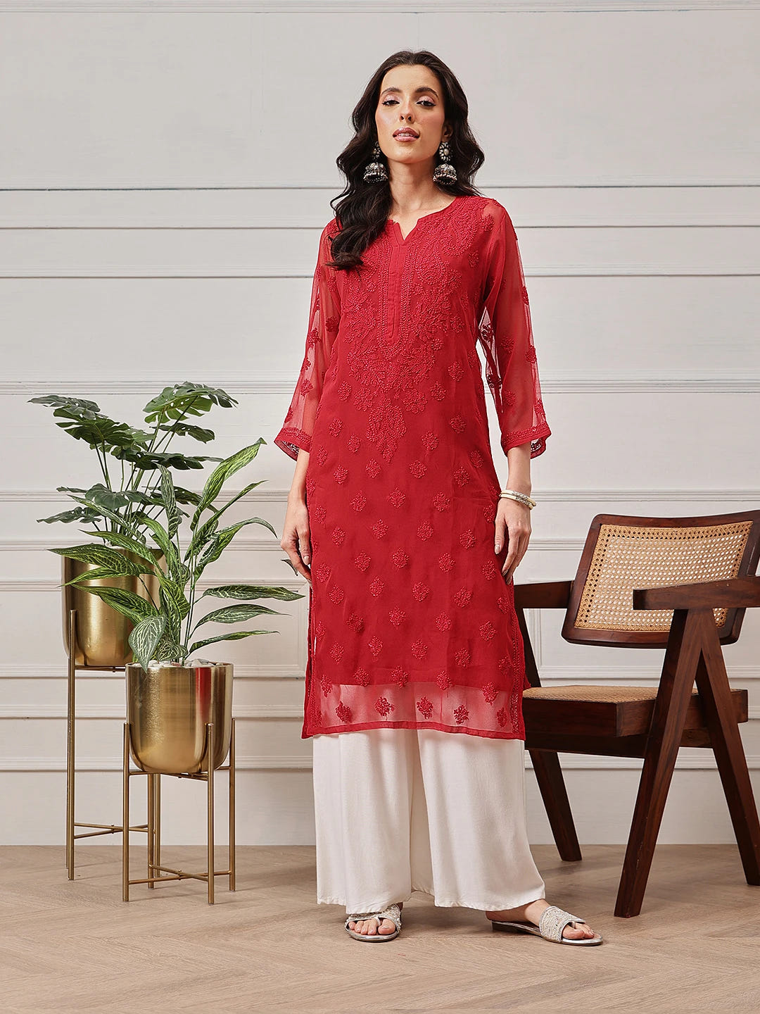 Ada Hand Embroidered Red Georgette Lucknowi Chikankari Straight Kurta With Slip A141508