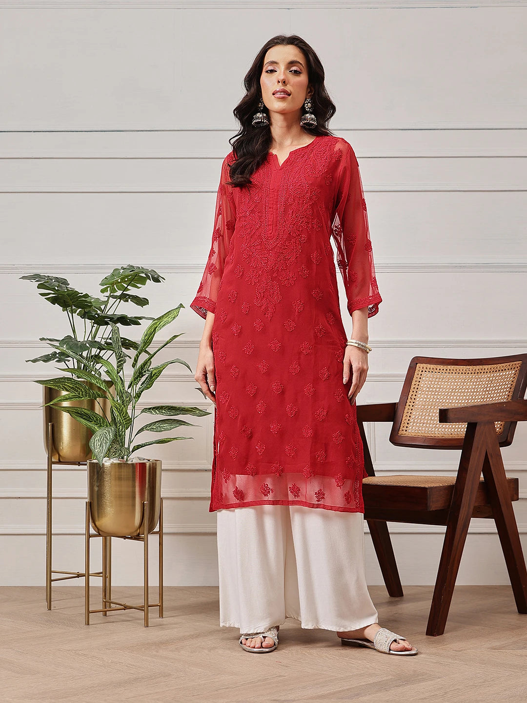 Ada Hand Embroidered Red Georgette Lucknowi Chikankari Straight Kurta With Slip A141508