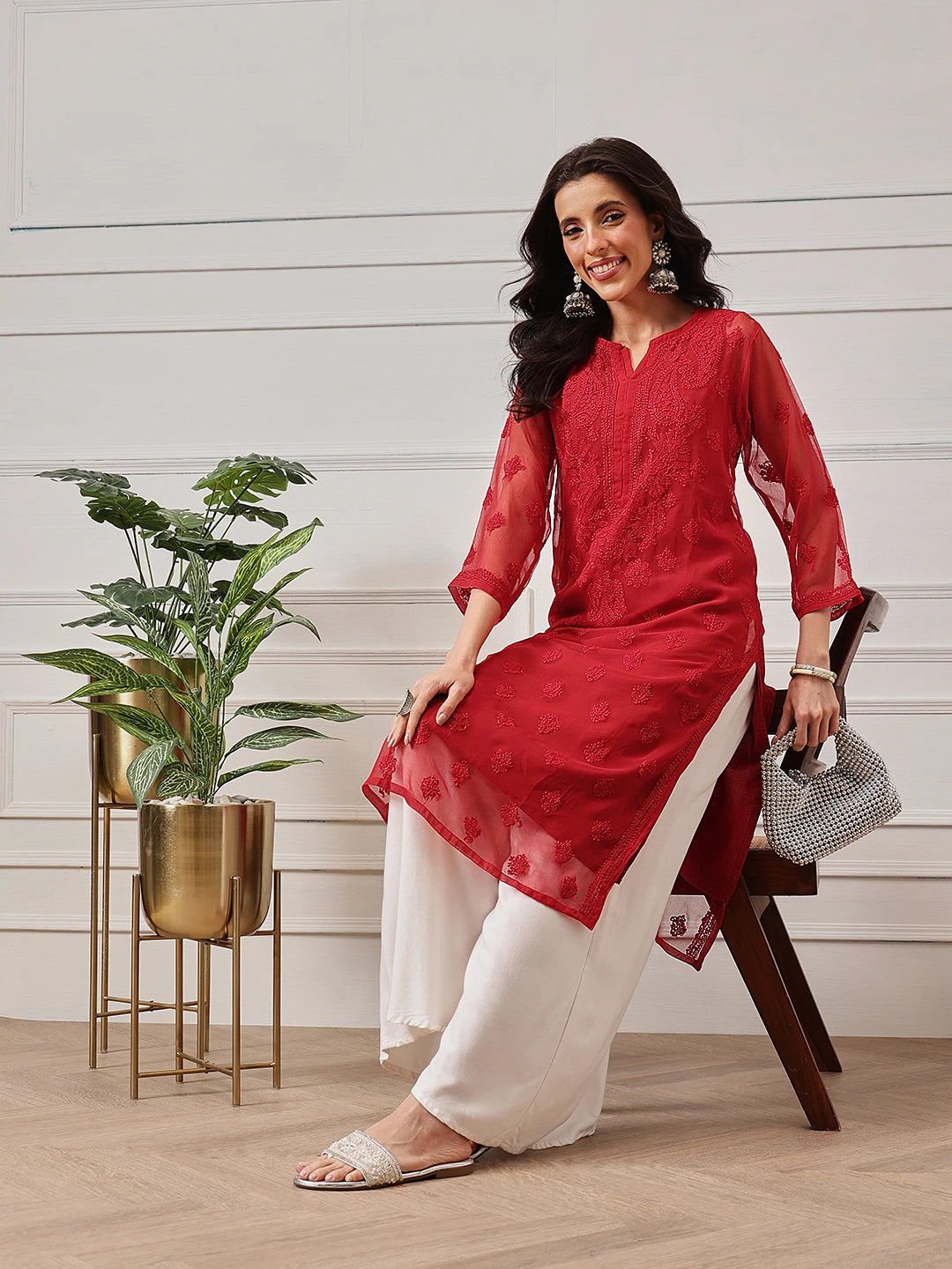 Ada Hand Embroidered Red Georgette Lucknowi Chikankari Straight Kurta With Slip A141508