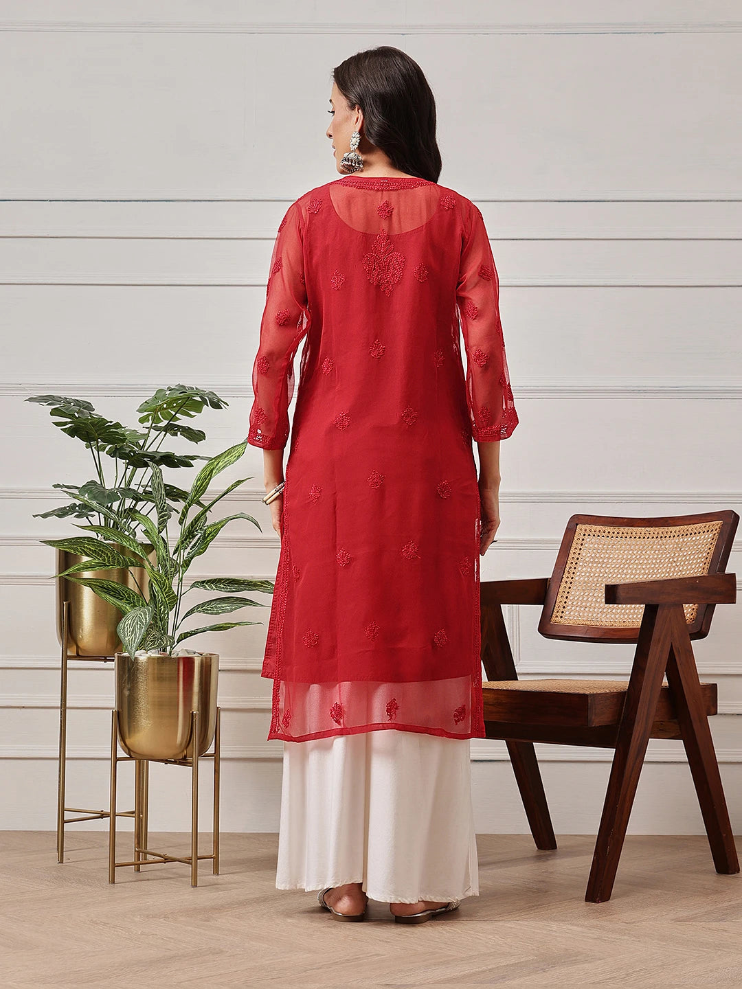 Ada Hand Embroidered Red Georgette Lucknowi Chikankari Straight Kurta With Slip A141508