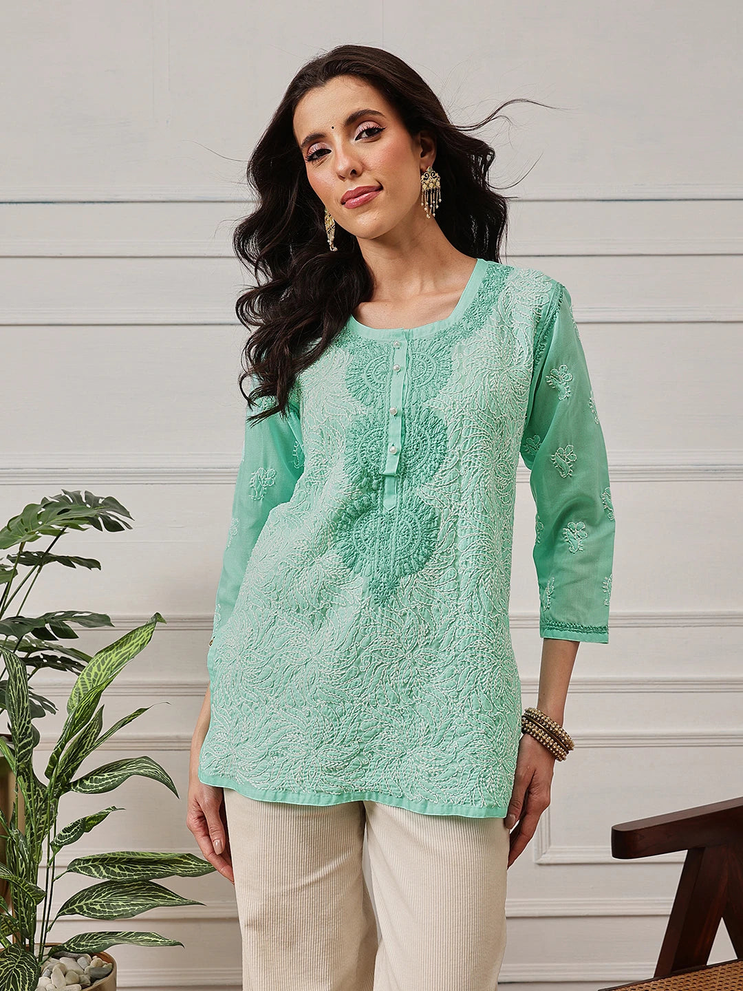 Ada Hand Embroidered Sea Green Cotton Lucknowi Chikankari Straight Kurti A273668
