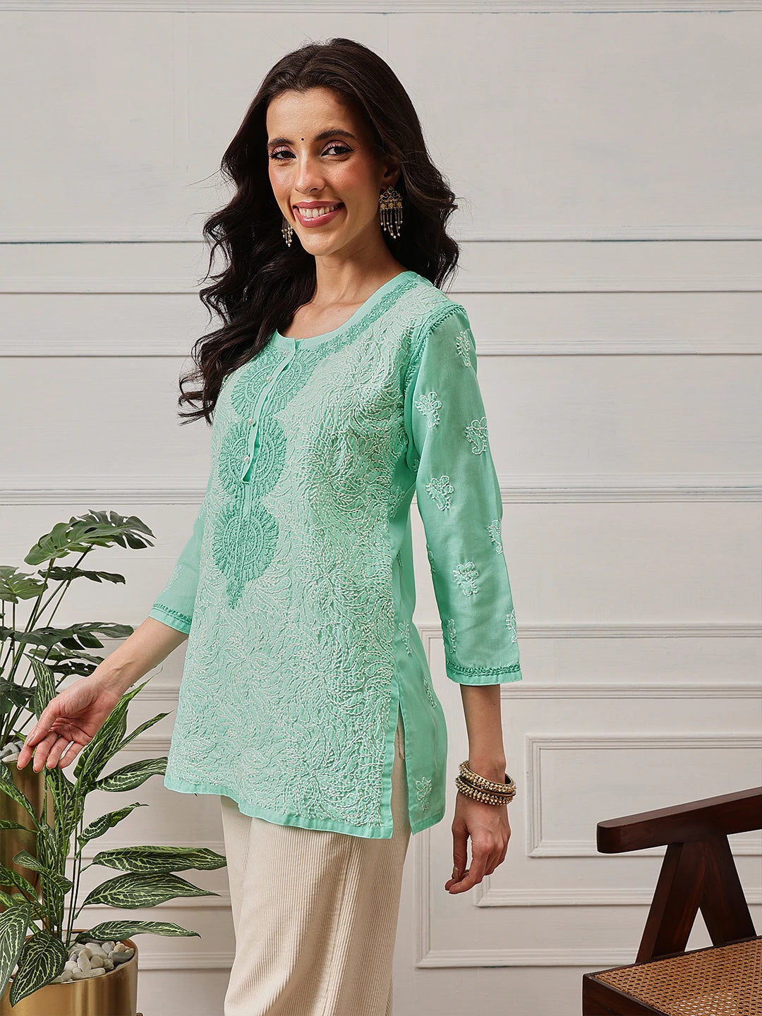 Ada Hand Embroidered Sea Green Cotton Lucknowi Chikankari Straight Kurti A273668