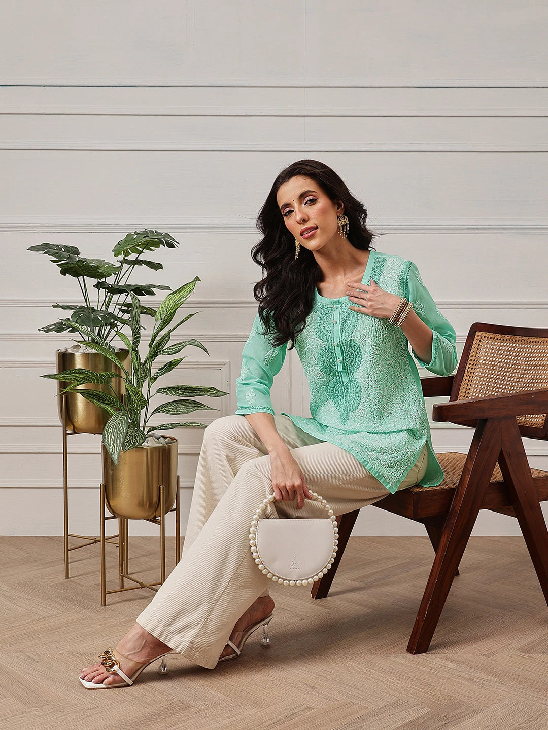 Ada Hand Embroidered Sea Green Cotton Lucknowi Chikankari Straight Kurti A273668