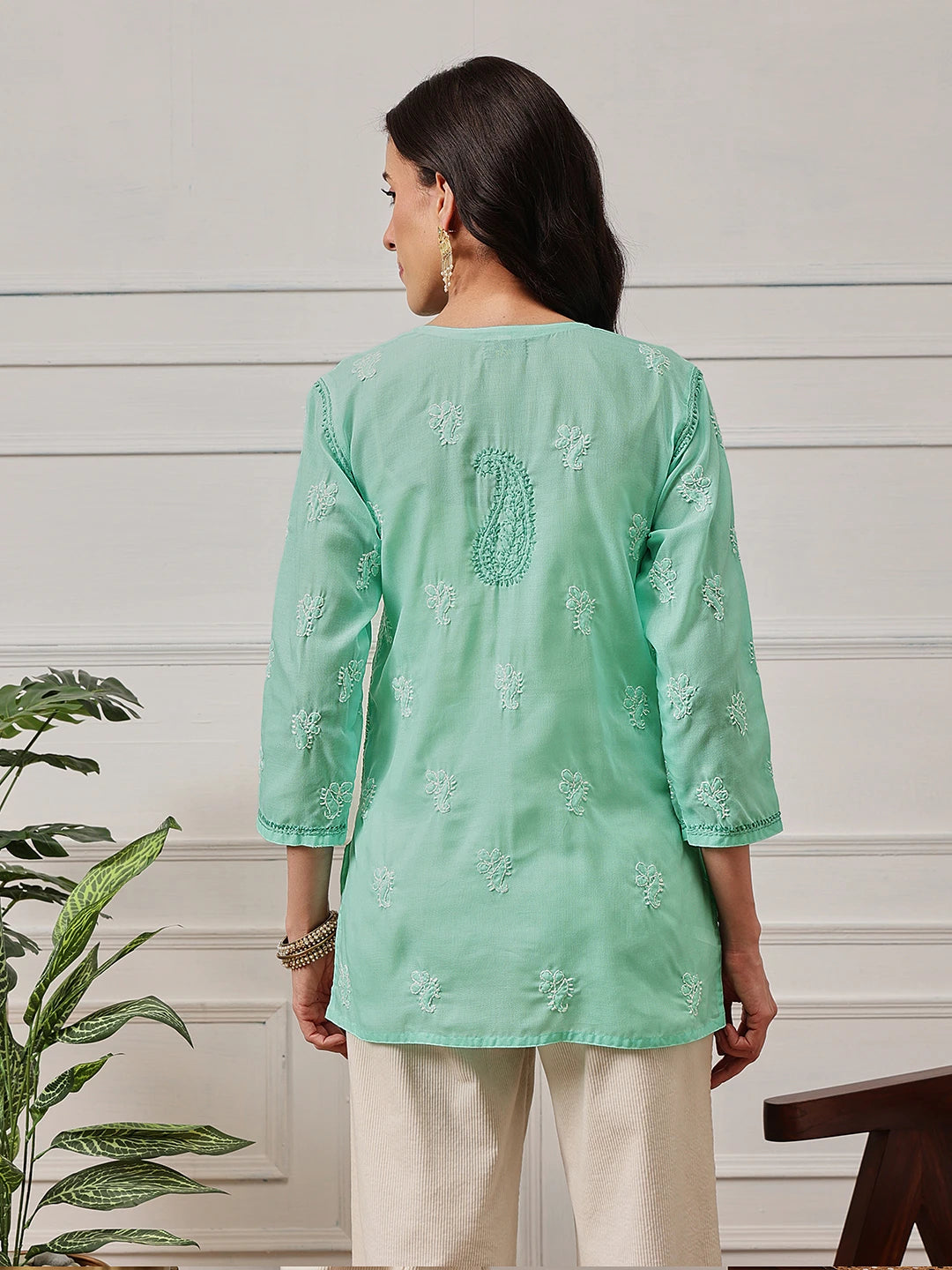 Ada Hand Embroidered Sea Green Cotton Lucknowi Chikankari Straight Kurti A273668