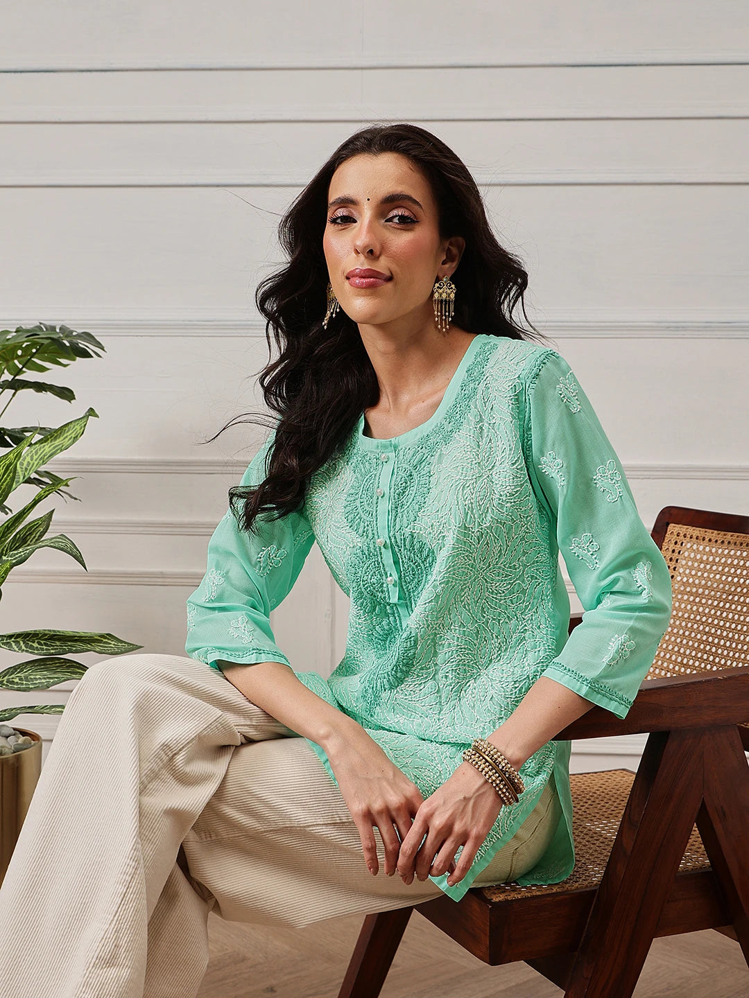Ada Hand Embroidered Sea Green Cotton Lucknowi Chikankari Straight Kurti A273668