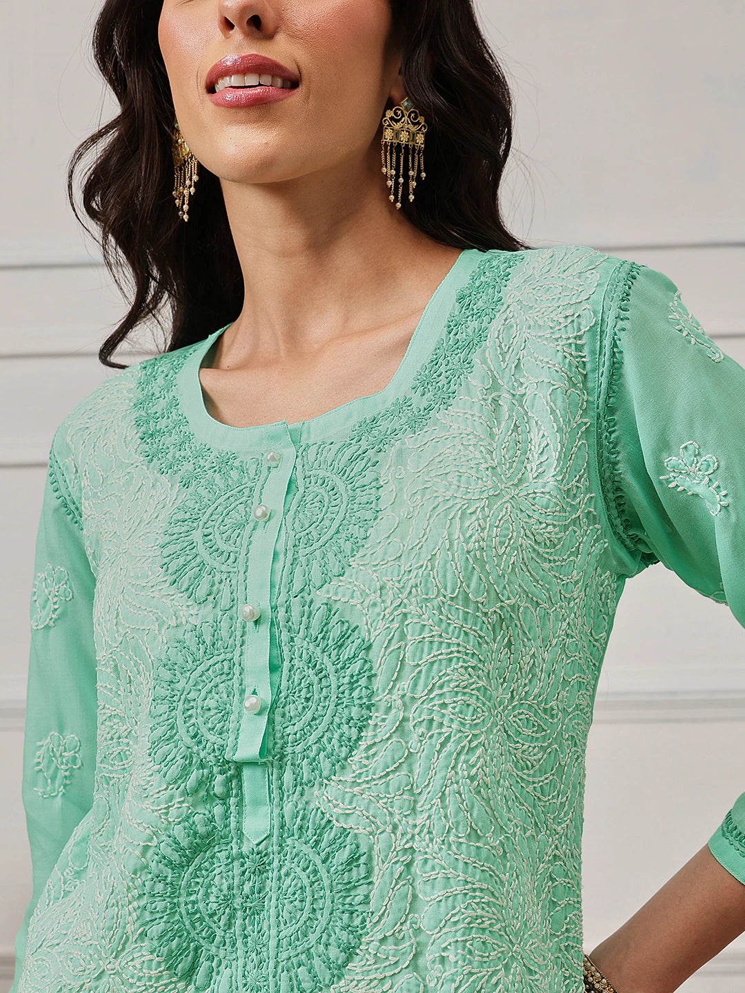 Ada Hand Embroidered Sea Green Cotton Lucknowi Chikankari Straight Kurti A273668