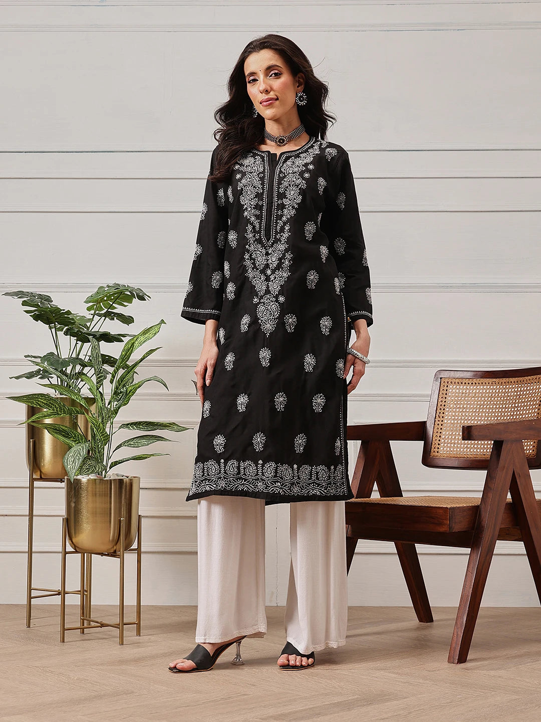 Ada Hand Embroidered Black Cotton Lucknowi Chikankari Straight Kurta A100469
