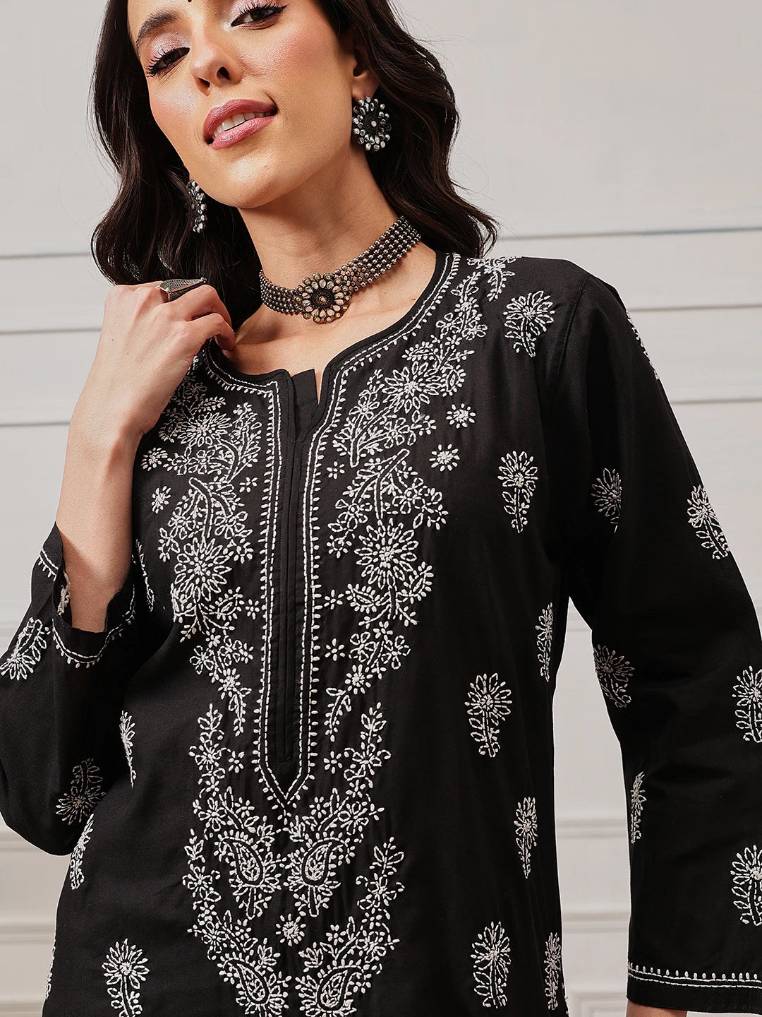 Ada Hand Embroidered Black Cotton Lucknowi Chikankari Straight Kurta A100469