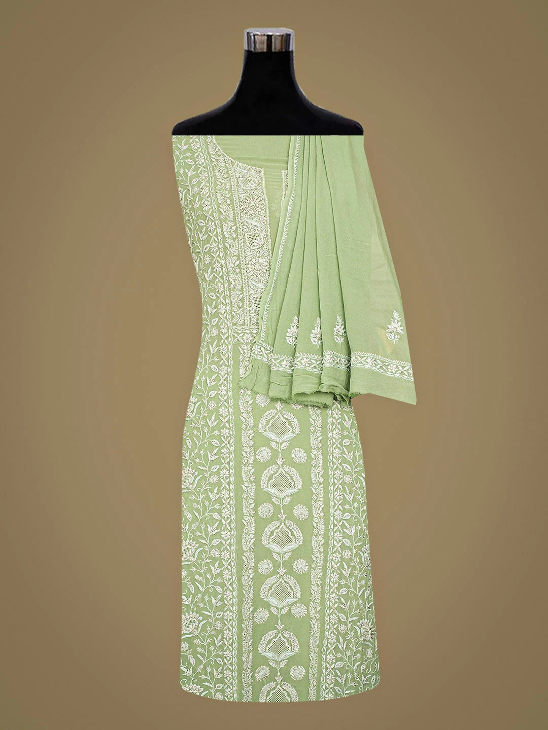 Ada Hand Embroidered Pista Green Pure Georgette Lucknowi Chikankari Unstitched Kurta Dupatta Set With Cutdana Work 01A662073