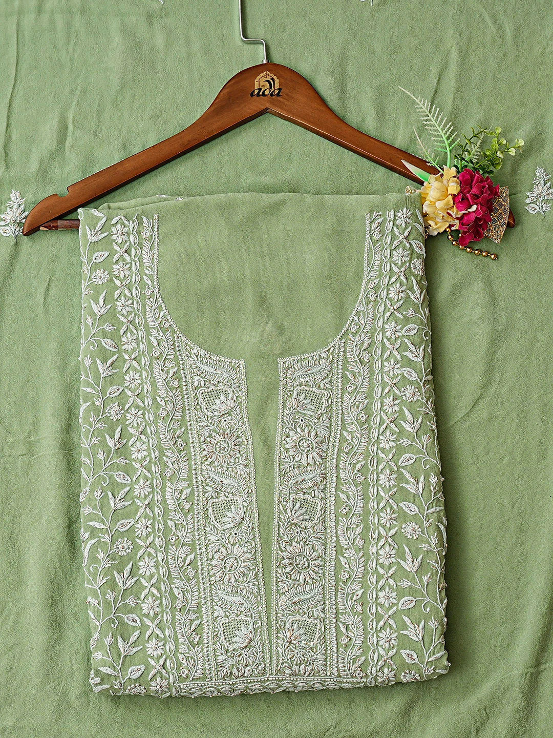 Ada Hand Embroidered Pista Green Pure Georgette Lucknowi Chikankari Unstitched Kurta Dupatta Set With Cutdana Work 01A662073