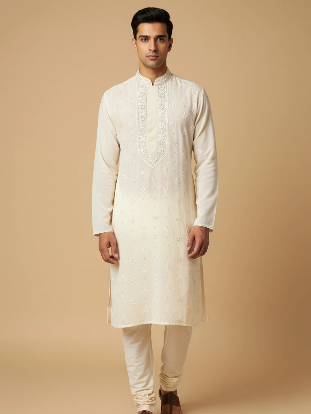 Ada Hand Embroidered Cream Viscose Georgette Lucknowi Chikankari Unstitched Men's Kurta Piece With Cutdana Work 01A740034