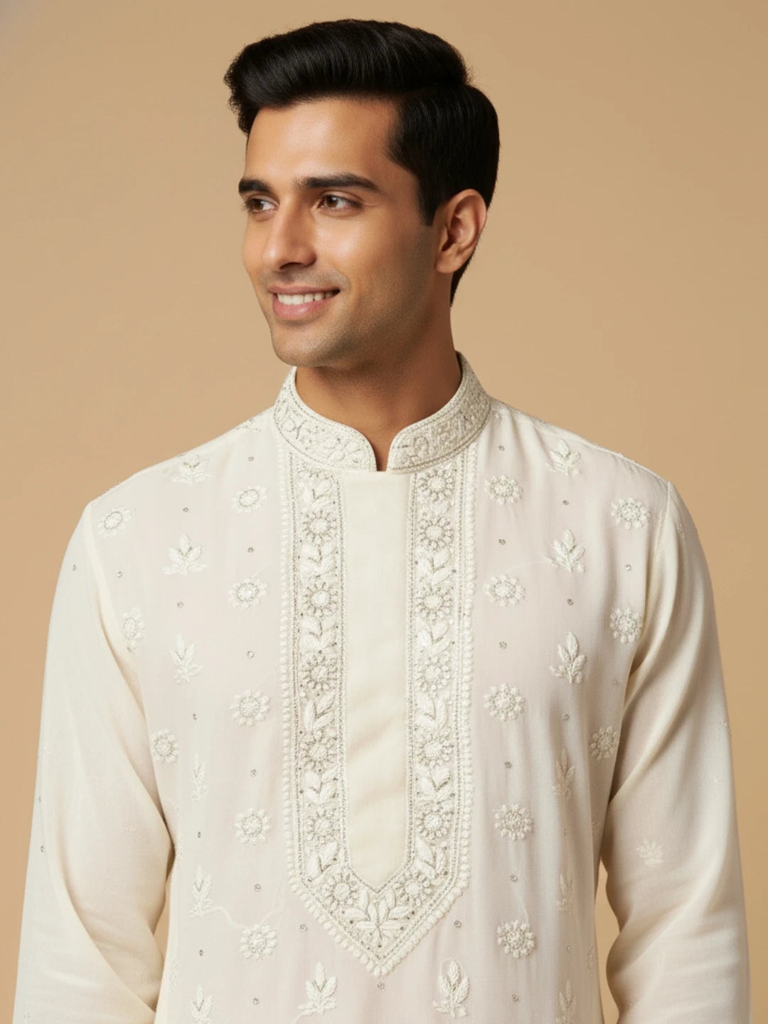 Ada Hand Embroidered Cream Viscose Georgette Lucknowi Chikankari Unstitched Men's Kurta Piece With Cutdana Work 01A740034