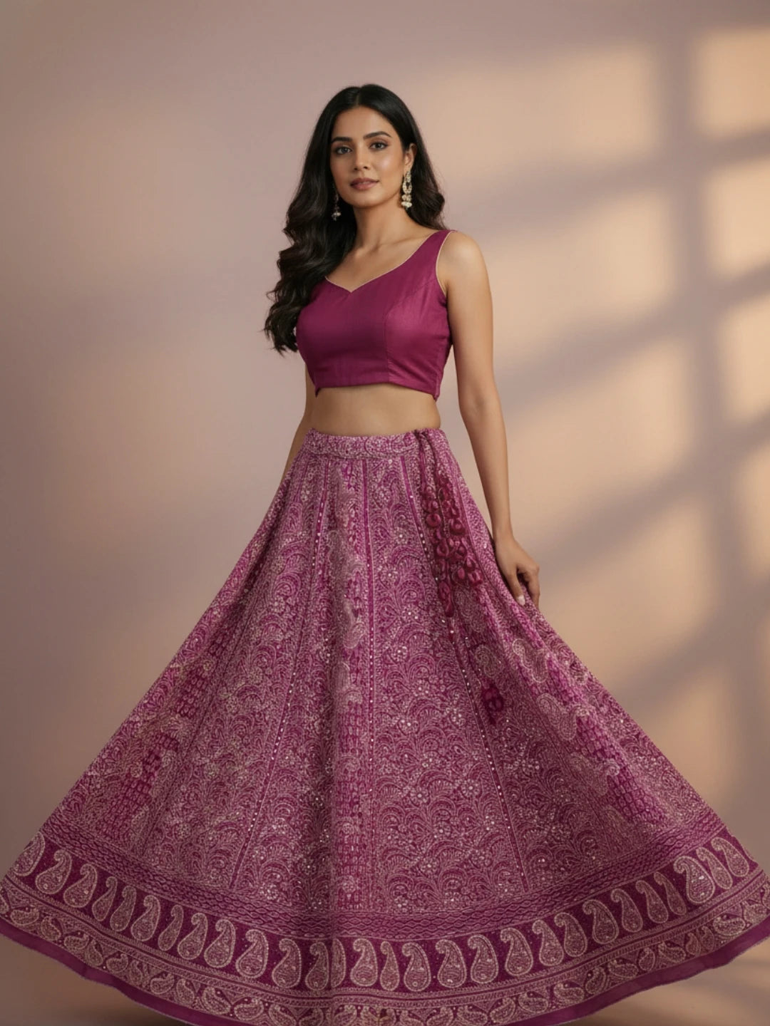 Ada Hand Embroidered Dark Magenta Pure Georgette Lucknowi Chikankari Lehenga Skirt With Mukaish Work 01A194904