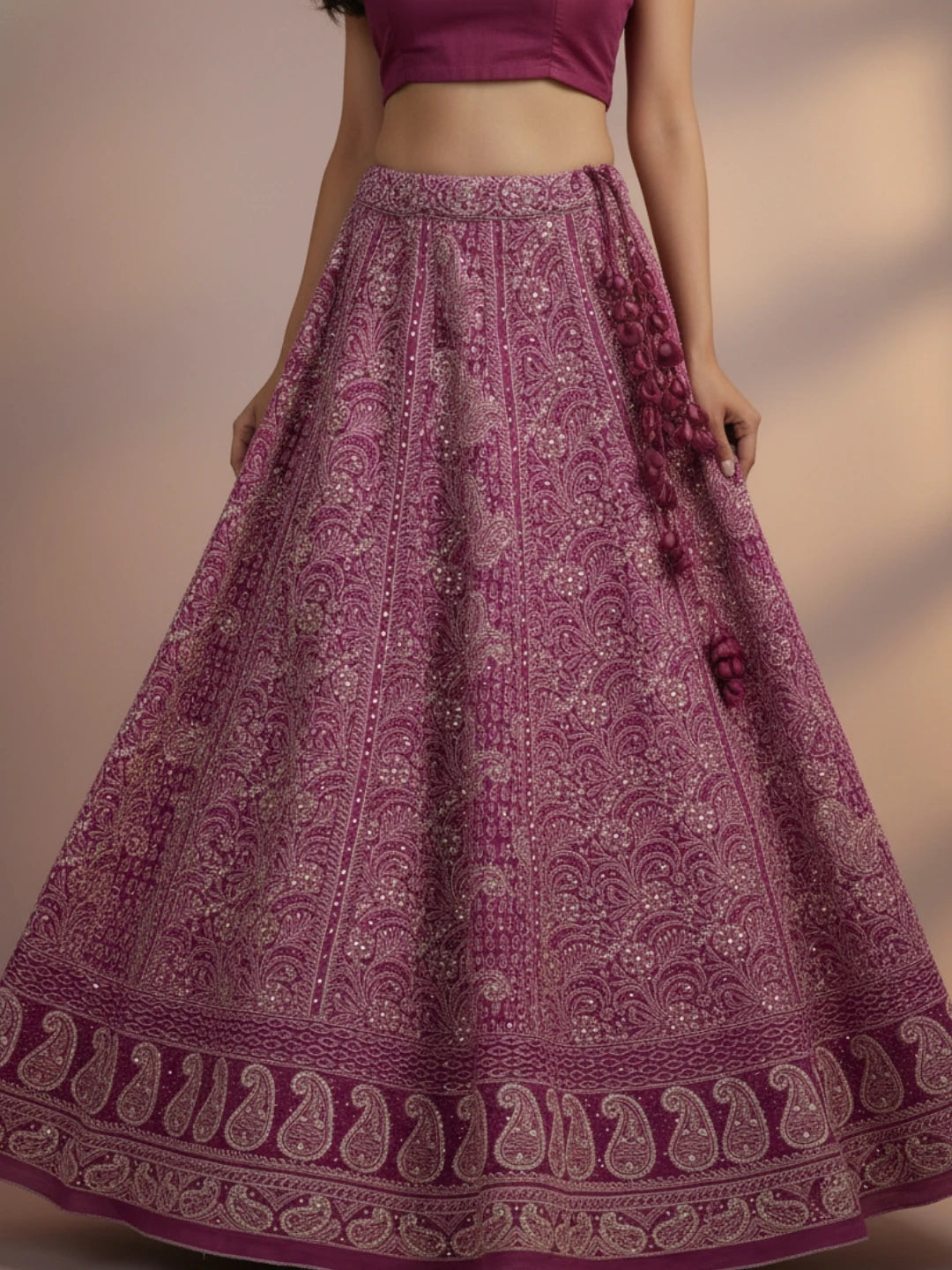 Ada Hand Embroidered Dark Magenta Pure Georgette Lucknowi Chikankari Lehenga Skirt With Mukaish Work 01A194904