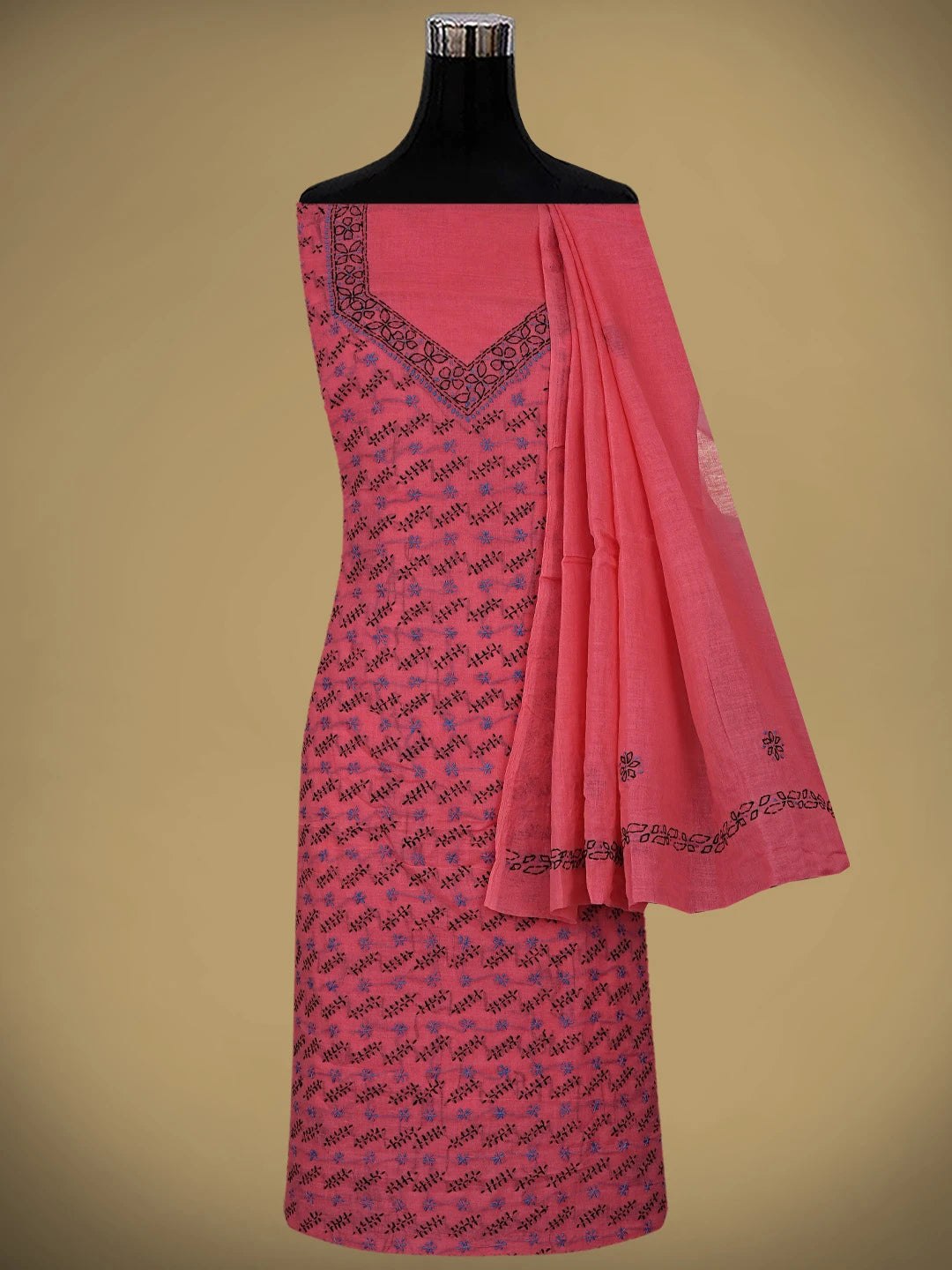 Ada Hand Embroidered Red Cotton Lucknowi Chikankari Unstitched Suit Piece 01A893867