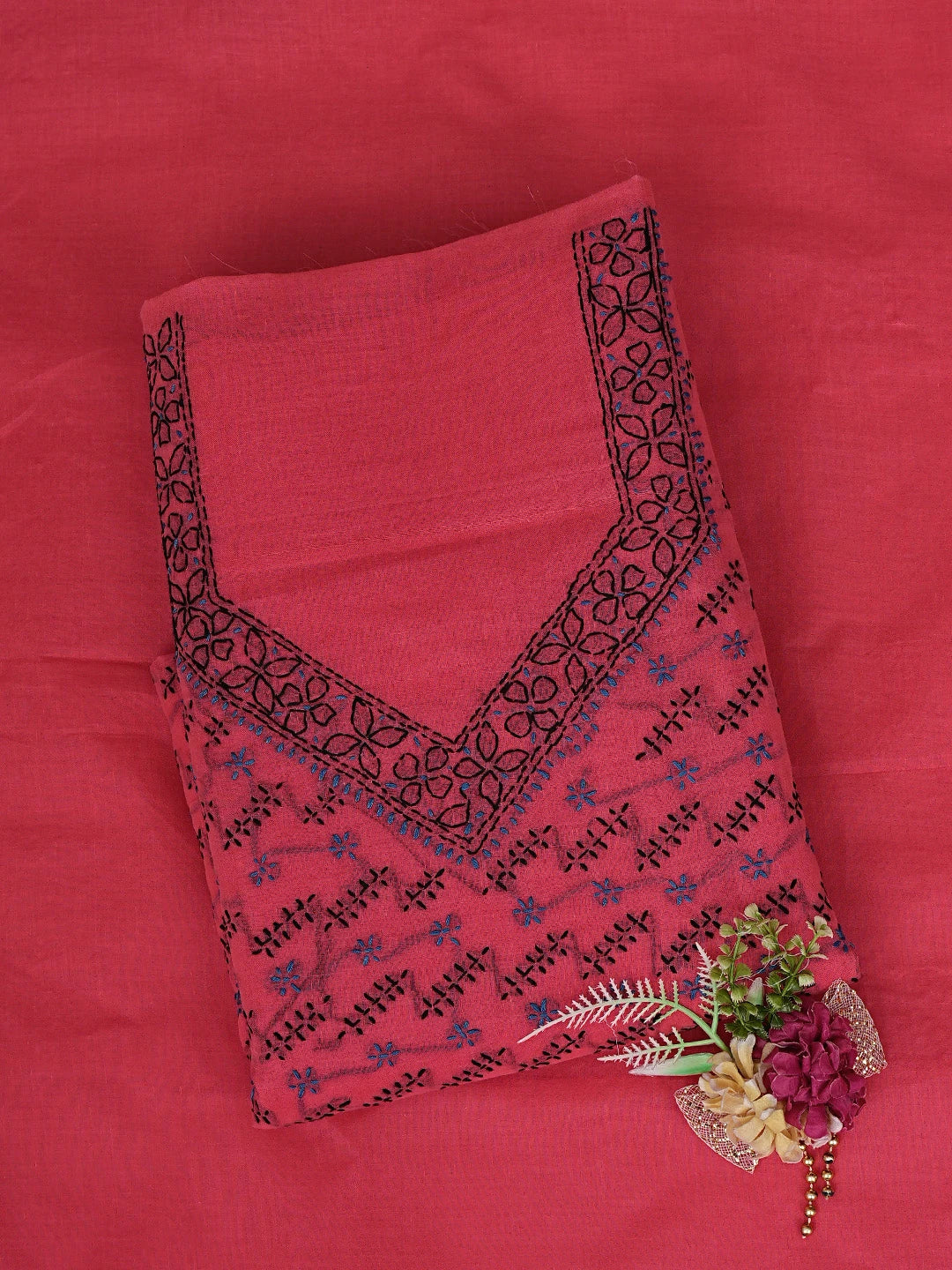Ada Hand Embroidered Red Cotton Lucknowi Chikankari Unstitched Suit Piece 01A893867