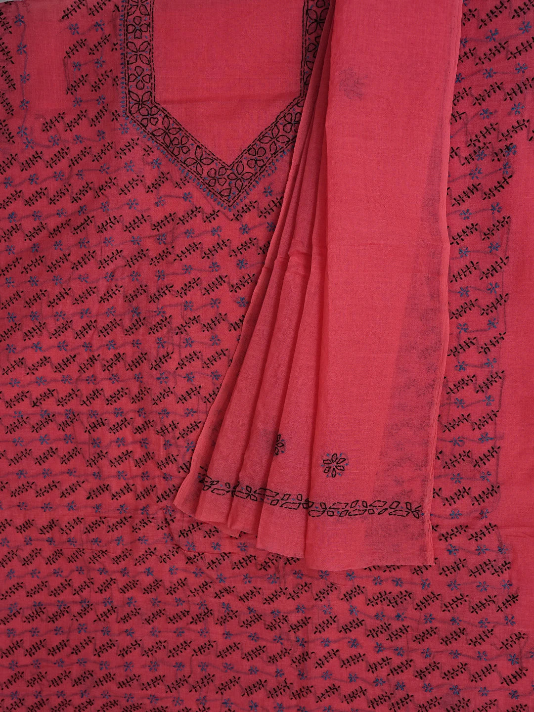 Ada Hand Embroidered Red Cotton Lucknowi Chikankari Unstitched Suit Piece 01A893867